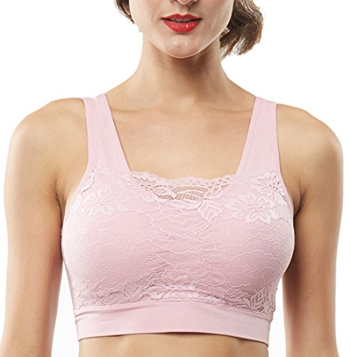 Belugue Women's Seamless Lace Overlay Bralette Wire-Free Sports Bra Pink XXL