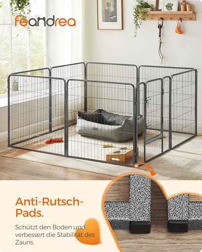 Feandrea Freilaufgehege, Laufstall DIY, mit 8 Gitterplatten je 77 x 80 cm, 2 L-förmige Riegel, transportabel, für innen und außen, extra große Haustiere ohne Halsband, grau PPK88G