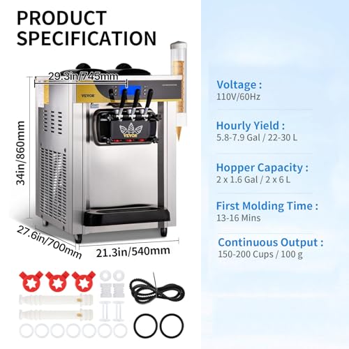 Image of VEVOR Commercial Ice Cream Maker, 22-30L /H Yield, Countertop Soft Serve Machine with 2x6L Hopper 2L Cylinder LCD Panel Puffing Shortage Alarm, Frozen Yogurt Maker for Restaurant Snack Bar, Silve