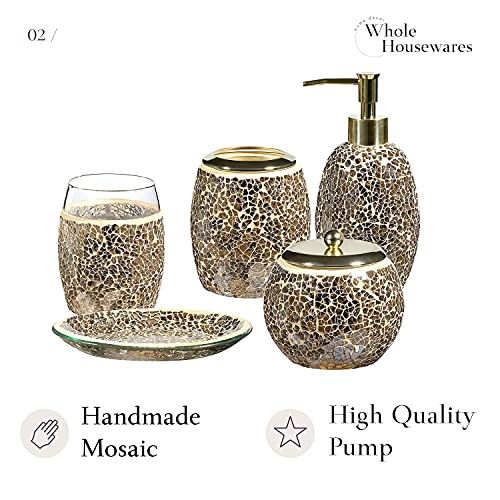 Whole HOUSEWARES - Bathroom Accessory Set - Accesorios de Baño - 5-Piece Decorative Glass Bathroom Accessories Set - Soap Dispenser, Tray, Jar, Toothbrush Holder - Mosaic Glass (Gold)