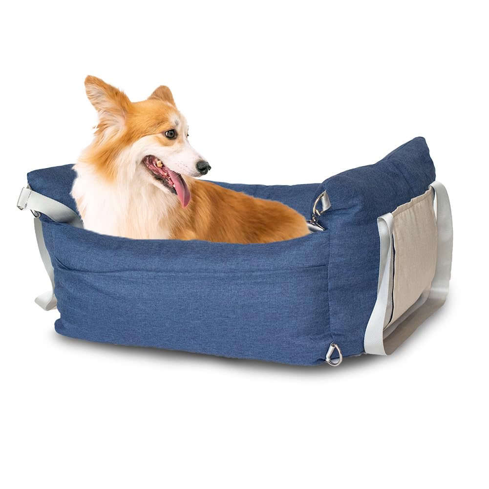 Small Dog Car Seat for Small Dogs - Waterproof Dog Booster Seat for Car with Storage Pockets, Clip-On Safety Leash and Thickened Memory Foam Filling, Pet Travel Carrier Bed Up to 25lbs (Blue)