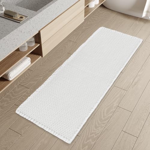 Checkered Bathroom Runner Rug Super Absorbent Non Slip Bath Mat Modern Woven Quick Dry Long Bath Rugs Washable Runners for Hallways Bedroom Laundry Room Kitchen Under Sink, 2' x 5', White Wh