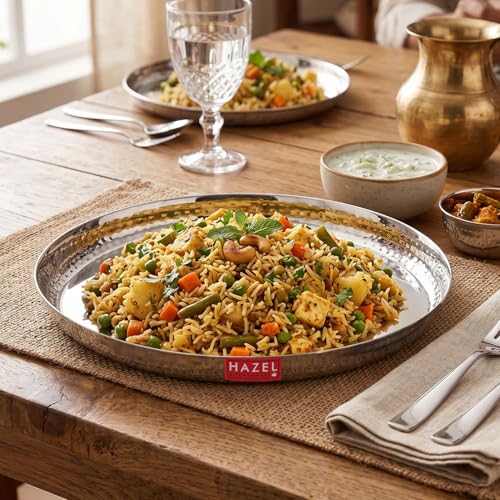 Image of HAZEL Stainless Steel Dinner Plate 30.2cm | Side Hammered Style Thali for Lunch, Tiffin Plates, Ideal for Home, Office & Restaurant
