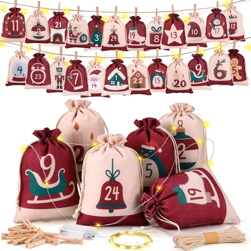 DazSpirit 24 Adventskalender zum Befüllen 2025 mit LED-Lichterkette, DIY Adventskalender Säckchen Groß Stoffbeutel, Weihnachtskalender Säckchen für Kinder & Erwachsene mit Holzklammern und Hanfseil