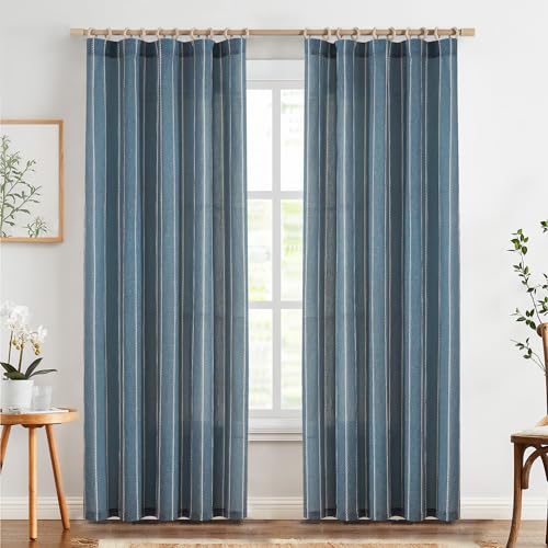 TOPICK Juego de 2 cortinas de 210 x 140 cm (alto x ancho cm) en color azul para salón, dormitorio, cocina, lino, a rayas, cortinas con cordón, estilo rústico, modernas, semitransparentes
