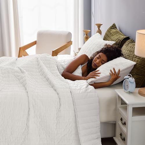 Image of Wonderful Corduroy Texture Ivory Quilt Set Queen - Hypoallergenic Skin-Friendly Soft Plush Velvety Touch Bedspread, Classic Vertical Striped Lightweight Coverlet for All Season, 94 inchx94 inch