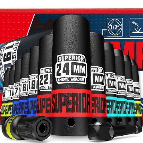 Image of 14 Piece 1 /2 inch Drive Impact Socket Set, 8 mm - 22 mm Deep Socket, Metric Socket Set With Adapter & Quick-Release Holder, 6 Point, CR-V, Automotive Maintenance, Machinery Manufacturing