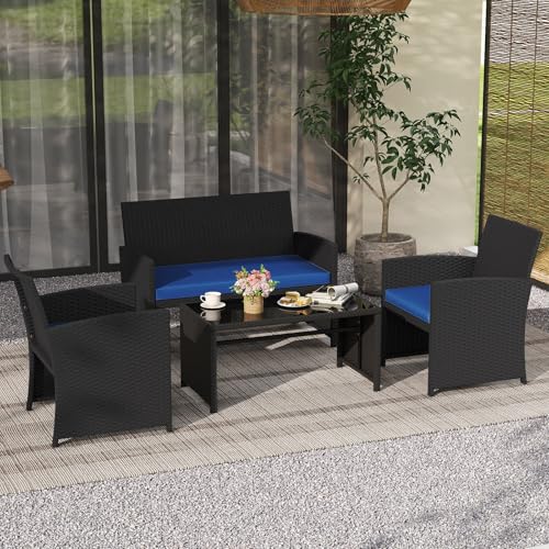 Image of Tangkula 4 Pieces Patio Wicker Furniture Set, Outdoor Heavy Duty Rattan Cushioned Chairs, Loveseat and Tempered Glass Coffee Table, for Backyard, Balcony, Poolside