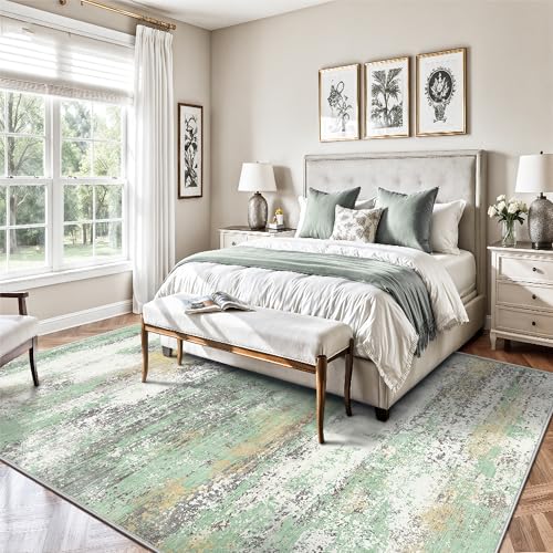 Image of 5x7 Area Rugs, Abstract Modern Ultra Soft Washable Rug, Non Slip Carpet with Rubber Back Stain Resistance Rugs for Living Room, Bedroom, Dining Room Decor(Light Green /Cream)