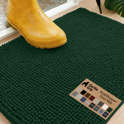 Image of GORILLA GRIP SoakSTOPPER Dog Door Mat, Machine Washable Rug Absorbent Doormat Captures Moisture Mud Dirt, Quick Dry Soft Chenille Entryway Rugs Indoor Entrance Mats for Dog Paws, 24x17 Deep Green