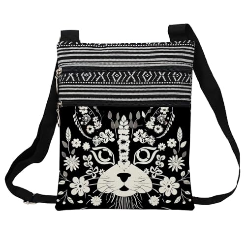 Floral Cat Face Messenger Bag Small Ethnic Pattern Printed Adjustable Strap Crossbody Zipper Bag Floral Cat Face Phone Bag Wallet Cute Shoulder Handbag for Women Friends -3