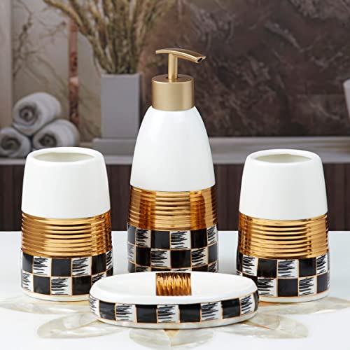 Image of SaSaSa Ceramic Bathroom Accessories Set of 4 Modern Bath Set with Soap Dispenser & Toothbrush Holder, Luxury Home & Gift Idea, White /Gold /Black (10081)