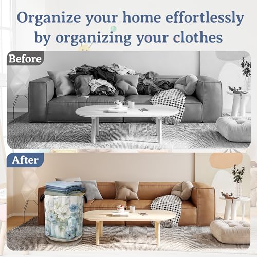 Image of Flowers Laundry Basket,Foldable Oxford Cloth Vintage Wooden Board Laundry Hamper with Handles, 20.8 inchx16 inch Tote Bag Clothes Storage Bucket for Laundry Room /Bathroom /Bedroom /Dormitories