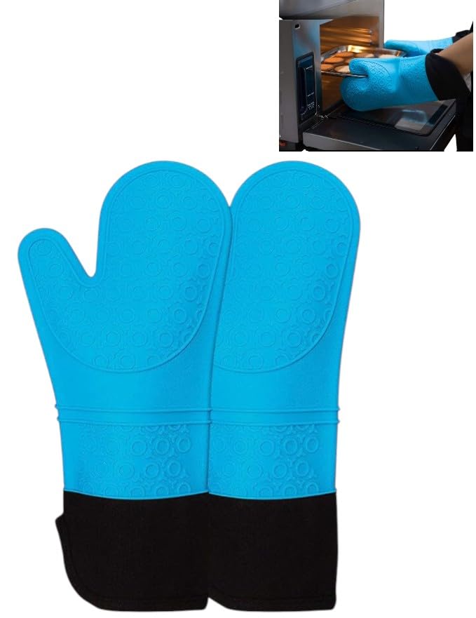 Image of THW Professional Large Silicone Oven Gloves Heat Proof,Kitchen Oven Mittens for Baking Heat Resistant Oven Mitts Cotton Quilted Silicone Gloves for Oven, Microwave