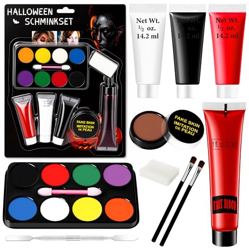 Halloween Schminke Set Kinderschminke Halloween Make up Set mit Kunstblut Theaterschminke Gesichts Make up Fake Blood +Bodypainting Farben(Schwarz Weiß Rot) + Palette mit 8 Farben + Narbenwachs