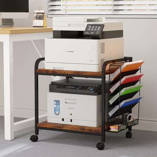 EasyCom Large Printer Stand with File Holder Organizer, Adjustable Height Shelf with Wheels, Rolling...