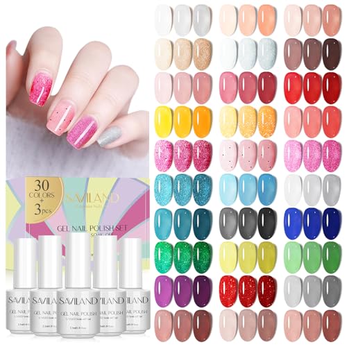 SAVILAND 33PCS Gel Nail Polish Kit – 30 Colors Gel Polish Nail Art Set with Base Glossy & Matte Top Gel Manicure Starter Kit for Home DIY Nail Salon