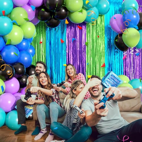 Image of Video Game Balloon Arch Garland Kit Birthday Party Decorations, Purple Blue Green Foil Fringe Curtains Backdrop Tinsel Streamer Photo Booth Props for Gaming Theme Party Decor Supplies Favors