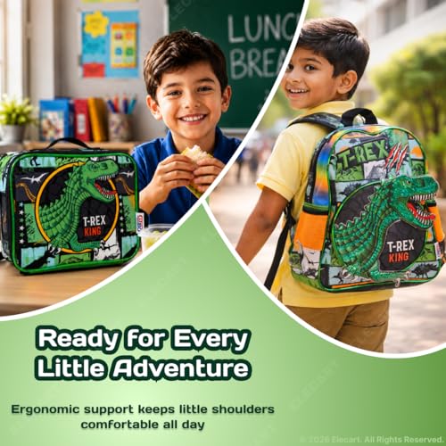 Image of Dino Backpack & Dino Theme Lunch Box Set for Boys & Girls 15 Inch with Insulated Lunch Bag | Cute Kids Backpack Water Bottle Pocket, Padded Straps | Travel & School Bag Combo