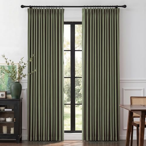 Image of MYSKY HOME Olive Green Pinch Pleated Full Black Out Curtains 102 inches Long for Bedroom Living Room Dark Green Linen Textured Thermal Insulating Room Darkening Drapes, 40 inch Wide per Panel, 2 Pcs
