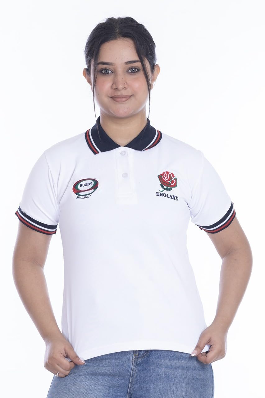 New Model UK Women England Rugby Fan Supporter T Shirt Button Down Collar Style Short Sleeve Size 8-10 to 24-26 (S to XXL) (S, White)