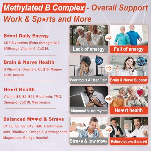 Super Methylated Vitamin B Complex Gummies - All B Vitamins + Omega-3, Magnesium, CoQ10, Ashwagandha,Vitamin C, TMG- For Women Men- Methyl B12 2000 mcg, Methylfolate, B1,B2, B3,B5,B6,B7- Sugar Free - Thumbnail 6