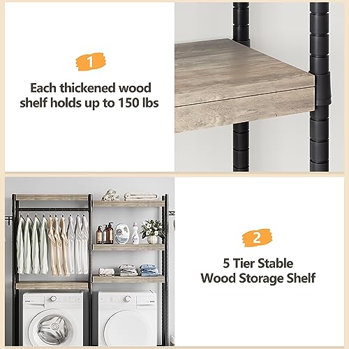 IDEALHOUSE Laundry Room Organization and Storage,5 Tier Wood Over The Washer and Dryer Storage Shelf with Drying Clothes Racks,Space Saver Heavy Duty Bathroom Laundry Shelf for Home Storage and Decor