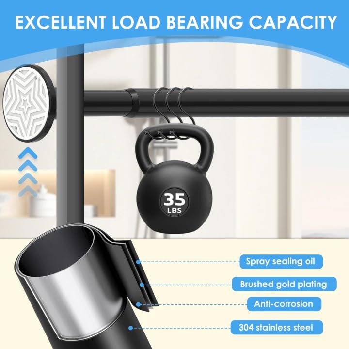 Image of Outdoor Curtain Rod 31-144 inch Adjustable Long Spring Black ShowerTension Curtain Rod Extra Long Outdoor Rods for Patio Bathroom Windows No Drilling, No Rust