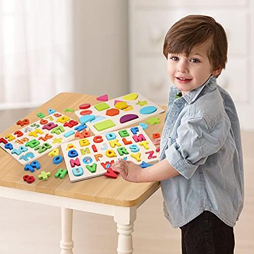 Voamuw Wooden Puzzles for Toddlers, Wooden Alphabet Number Shape jigsaw for 3 4 5 Year olds Kids, Montessori Toys Learning Educational Gift for Boys Girls (Set of 3)