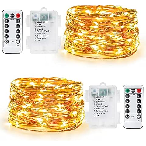 Battery Fairy Lights, 10M 100 LED 8 Modes String Lights Battery Operated with Remote & Timer, Waterproof Decorative Lights for Outdoor/Indoor Bedroom, Garden, Wedding (32.8ft Warm White, 2 Pack) Cover