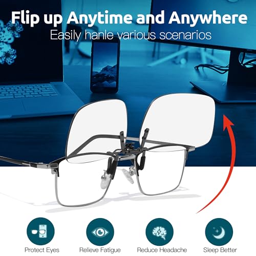 Image of VIEWBETTER Clip On Blue Light Blocking Glasses Over Prescription Glasses Reduce Eyestrain Metal Rimless Clips (Flip Up) V309
