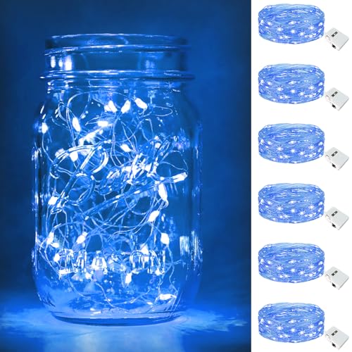 Image of btfarm 6 Pack Fairy Lights Battery Operated [3 Modes], 7ft 20 Led Twinkle Lights String Lights Waterproof Bulk Small Mini Silver Wire for Mason Jars Vases Wedding Table Centerpiece, Blue