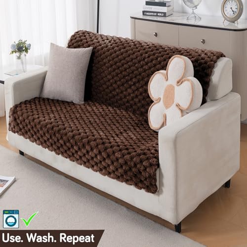 Image of HOKIPO Luxury Rabbit Wool Plush Fluffy Sofa Cover for 2 Seater Sofa | Full Protection for Sofa Seat and Back | 'BunnySoft Series' (180x120 cm), Dark Chocolate (AR-6667-DCHOC)