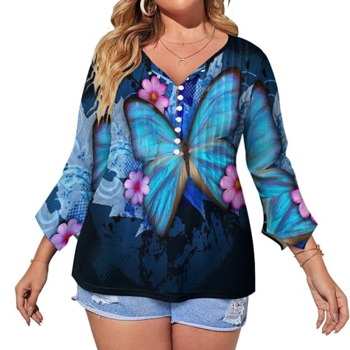 Blue Butterfly Flora Women's V Neck Shirt 3/4 Sleeve Button Down Tee Tops Graphic Print Tunic Blouse 2XL
