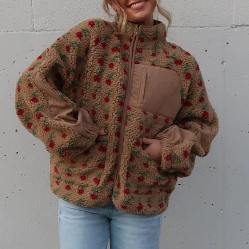 Ainangua Printed Fuzzy Sherpa Fleece Jacket Women Oversized Plush Zip Up Floral Sweatshirt Winter Warm Casual Outwear4