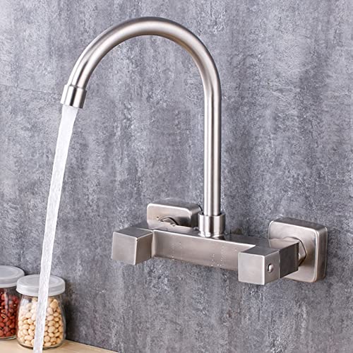 Robinet d'évier rotatif mural en acier brossé pour cuisine eau chaude et froide