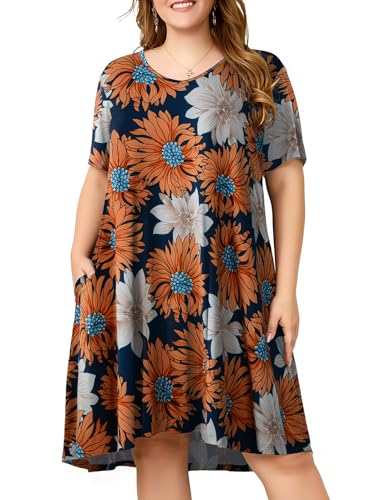 Image of OVERWORETY Womens Short Sleeve Plus Size T-Shirt Dress V Neck Casual Loose Swing A-Line Summer Tunic Dresses with Pockets