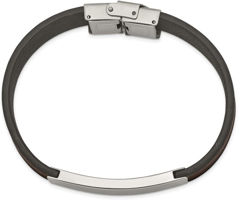 JewelryWeb 13.4mm Stainless Steel Polished Brown Leather ID Bracelet 8.25 Inch Identification Bracelet for Women