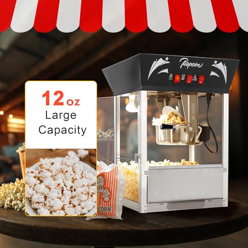 Image of 12 Oz Tabletop Popcorn Machine (Black) - Space Saving Popcorn Maker - 3 Easy Switches with 4 Scoops for Home Theater, Party, Events