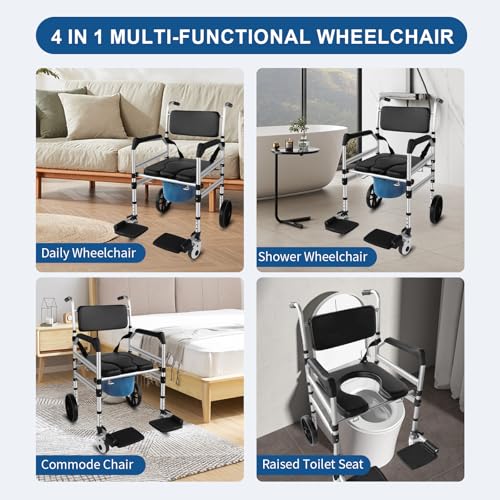 Rolling Shower Chair with Wheels for Elderly and Disabled, Foldable Wheelchair Lightweight Folding, Bedside Commode Chair with Arms for Toilet (Black) by Eosprim - Image 8