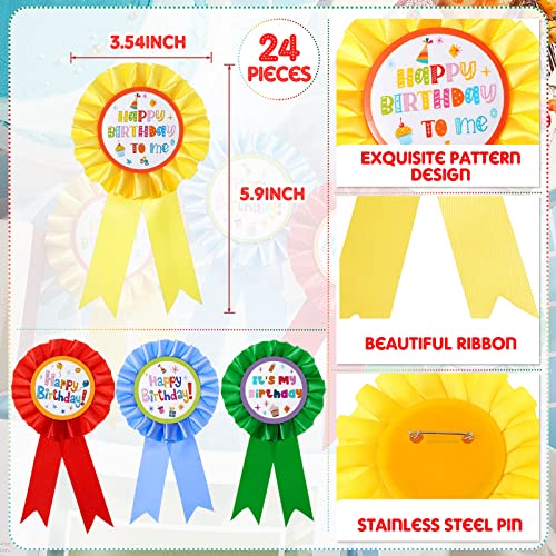 24 Pieces Happy Birthday Award Ribbon Birthday Tinplate Badge Pins Rosette Birthday Pin Birthday Button Happy Birthday Badge Brooch for Kids Girl Boy Party Favors and Baby Shower Decoration, 4 Styles2
