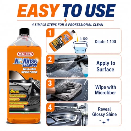 Image of MAFRA No Rinse Car Wash Shampoo & Wax (1000g) |Wash and Wax without Rinse | High Foam Action | Removes Dirt & Stains | pH Safe, Gloss Protection | 1:100 Dilution | Safe for All Painted Surfaces