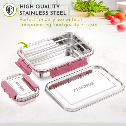 Image of Magnus Dixie Stainless Steel Lunch Box - Airtight & Leak Proof Tiffin, 2 Containers (800ml & 200ml), Ideal Lunch Box for Kids, Lunch Boxes for Office Men, Women & Picnic, Pink