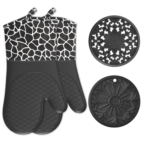 BAIWANT Gants de Cuisine en Silicone 1 Paire avec 2 Maniques Gants Anti Chaleur Gants de Cuisine pour Four Gants Antidérapants pour Cuisine, Pâtisserie, la Manipulation de Marmites Chaudes (Noir)