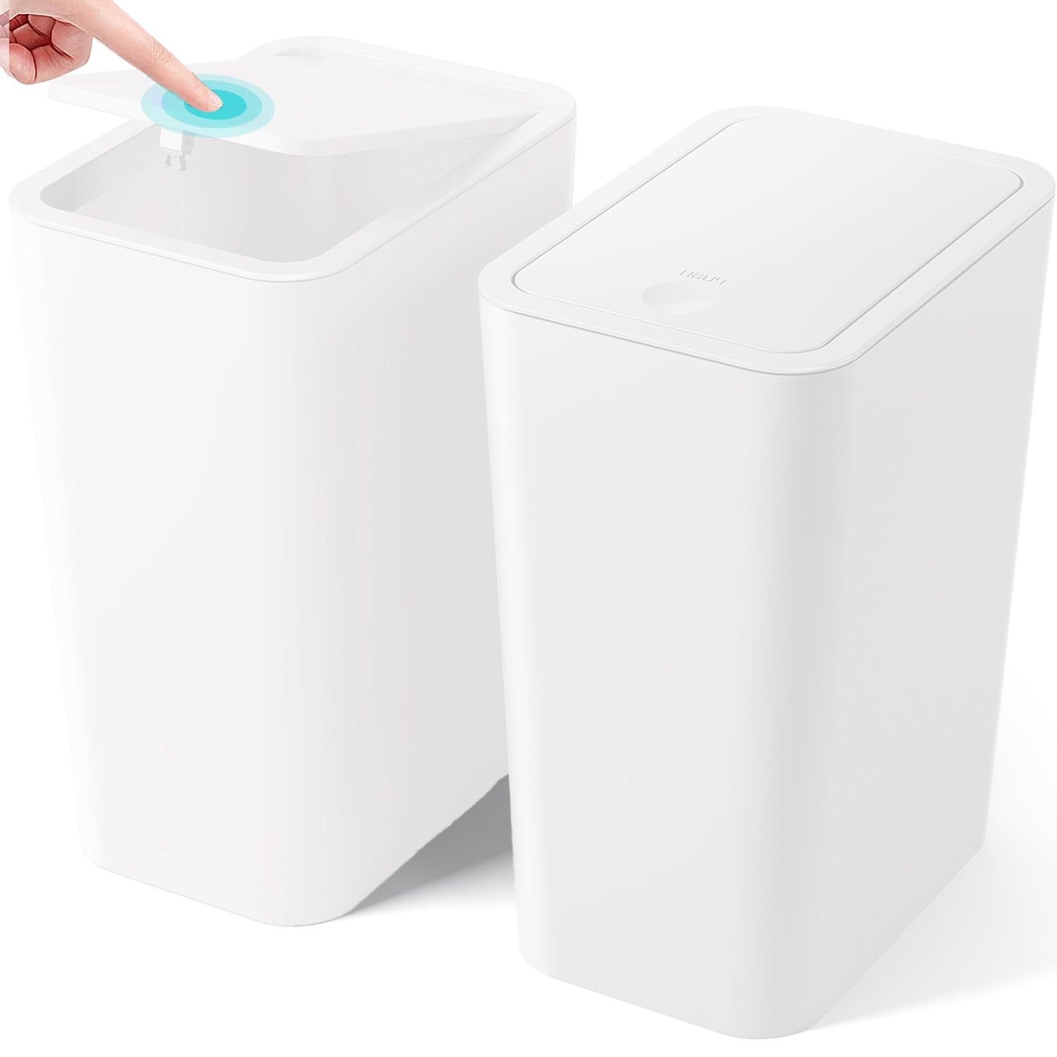 2 Pack Slim Bathroom Bin with Lid, 10L Bedroom Bin with Pop-Up Push-Button Lid Small Thin Plastic Bins, Narrow Trash Can Anti-Odour Pet Proof Waste Basket for Toilet,Kitchen,Living Room,Office