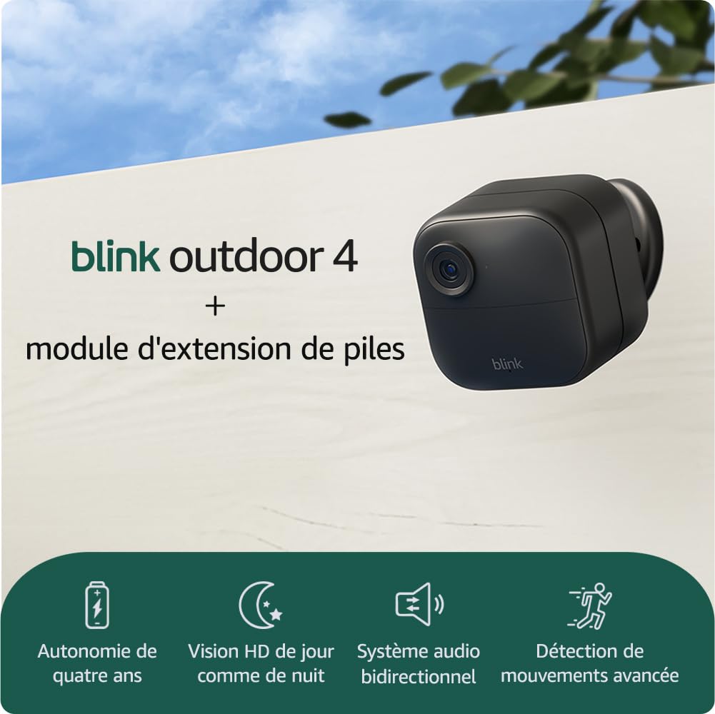 Caméra Blink (Outdoor 4) avec module d'extension de piles : caméra de surveillance connectée HD sans fil, 4 ans d'autonomie, détection avancée, fonctionne avec Alexa (système 4 caméras)