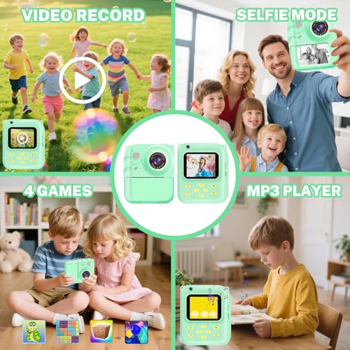 Image of Instant Print Camera for Kids, 1080P Video Camera with 3 Print Rolls | 32GB Card & Cute Cover, Gift for Girls Boys Age 3-12, Toddler Digital Camera with Games, Filters, Music - Green