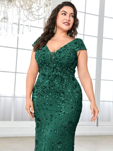 Image of Plus Size Womens Sequined Long Evening Gown Glamous Sleeveless V-Neck Mermaid Prom Dress for Wedding Party