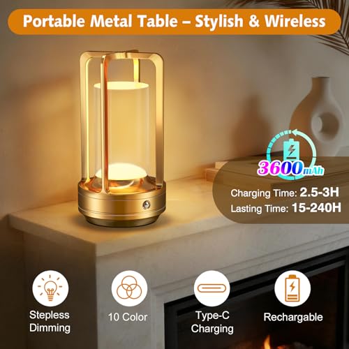 Image of Portable Table Lamp for Outdoor Indoor: Cordless Rechargeable Desk Lamp with 10 Colors - Shower Lamp with Stepless Dimmable - Metal Battery Operated Lantern Light for Bedroom /Bar /Coffee Shop /Camping