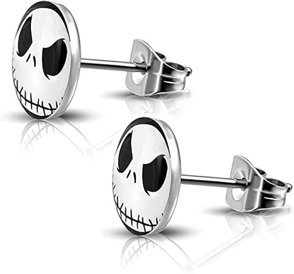 SIISPRI 316L Surgical Stainless Steel Jack Skellington Round Circle Button Stud Post Earrings(10 mm)